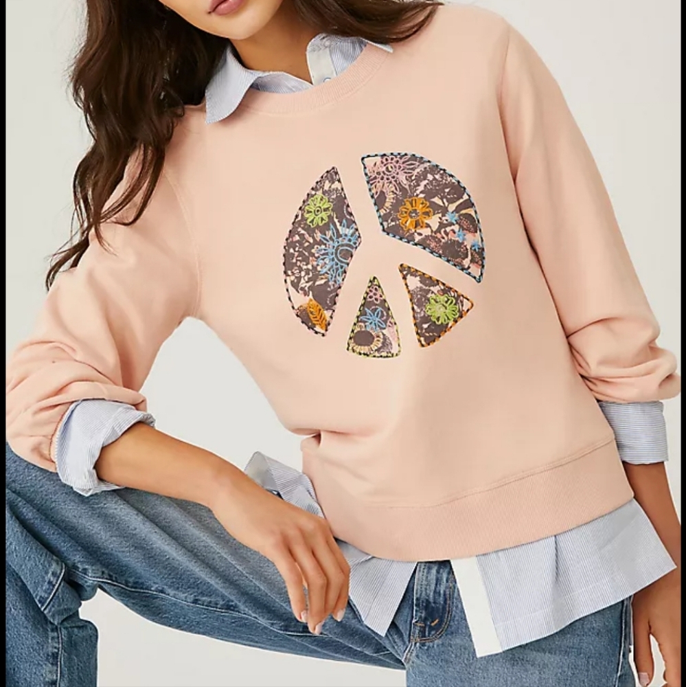 Anthropologies Floral Peace Sign Sweatshirt in Peach